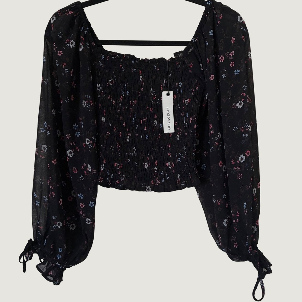 Olivaceous Dark Romantic Black Floral Smocked Crop Top Long Balloon Sleeve S NWT